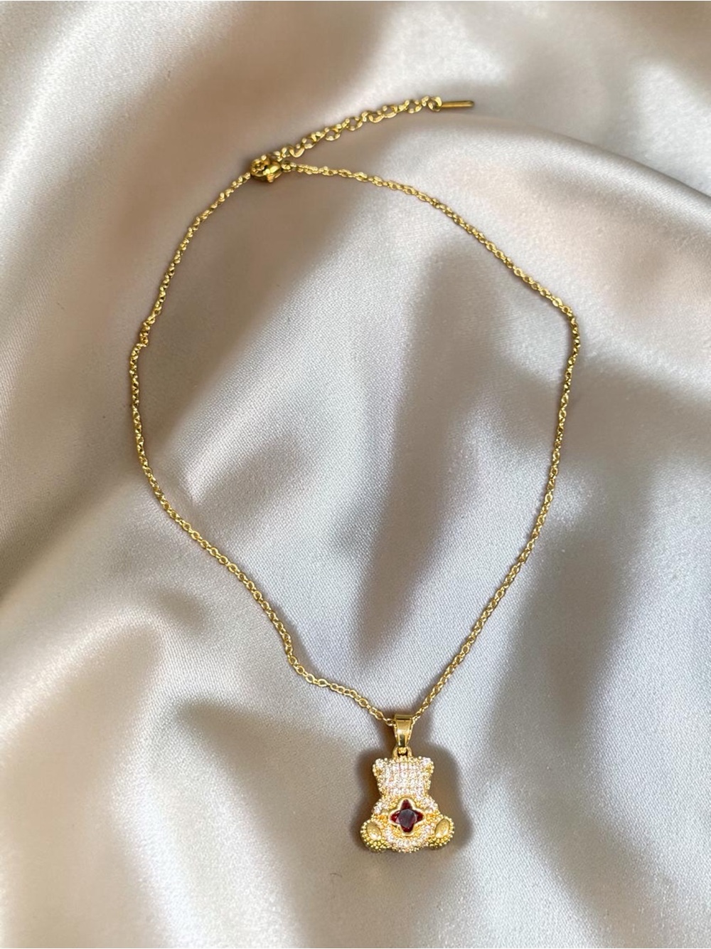 Gold Pendant Necklace with TeddyBear Red Accent Gem in middle - Women's Jewelry